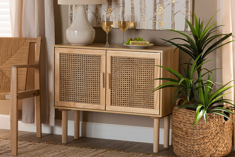 Ailith Mid-Century Modern Rattan and Natural Brown Finished Wood 2-Door Sideboard Buffet