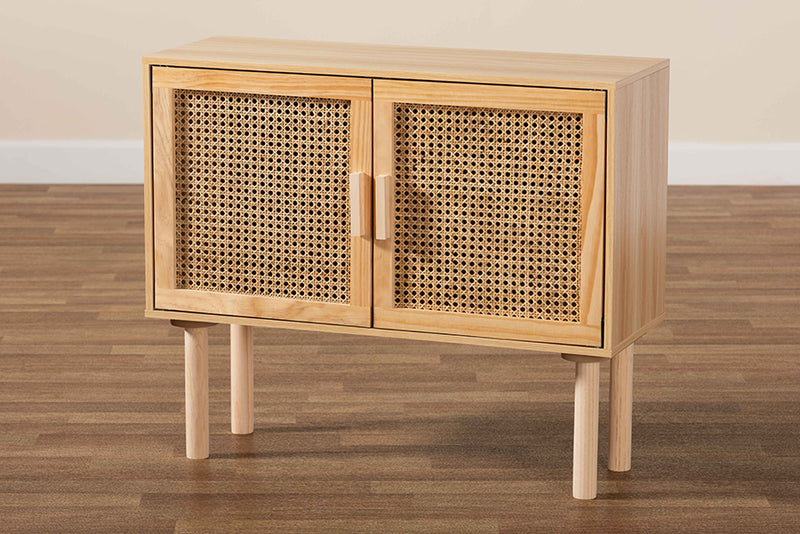 Ailith Mid-Century Modern Rattan and Natural Brown Finished Wood 2-Door Sideboard Buffet