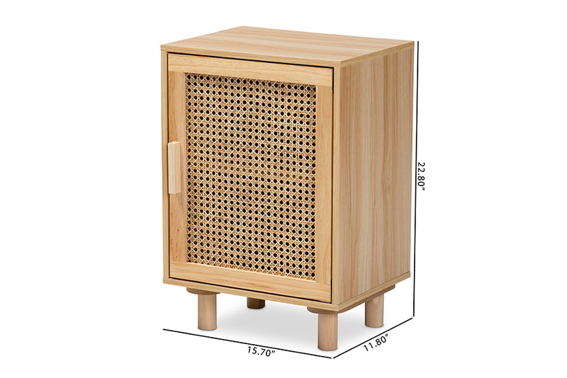 Ailith Mid-Century Modern Rattan and Natural Brown Finished Wood 1-Door End Table