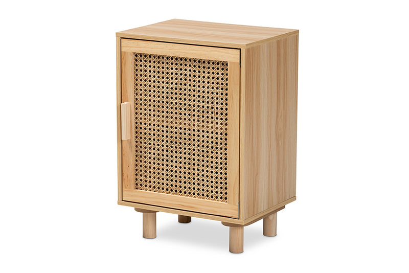 Ailith Mid-Century Modern Rattan and Natural Brown Finished Wood 1-Door End Table