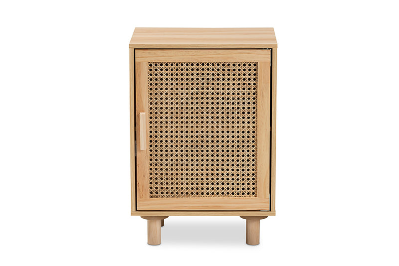 Ailith Mid-Century Modern Rattan and Natural Brown Finished Wood 1-Door End Table