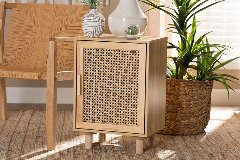 Ailith Mid-Century Modern Rattan and Natural Brown Finished Wood 1-Door End Table