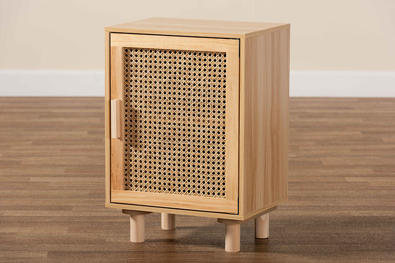 Ailith Mid-Century Modern Rattan and Natural Brown Finished Wood 1-Door End Table