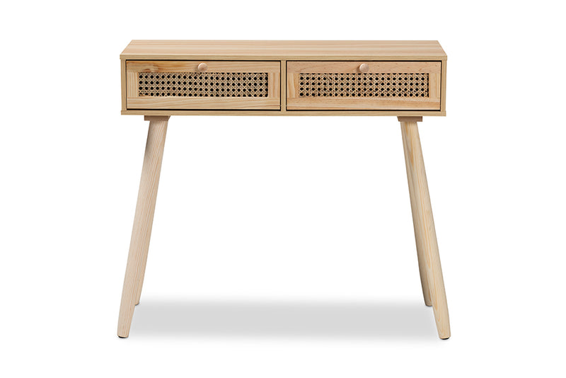 Ailith Mid-Century Modern Rattan and Natural Brown Finished Wood 2-Drawer Console Table