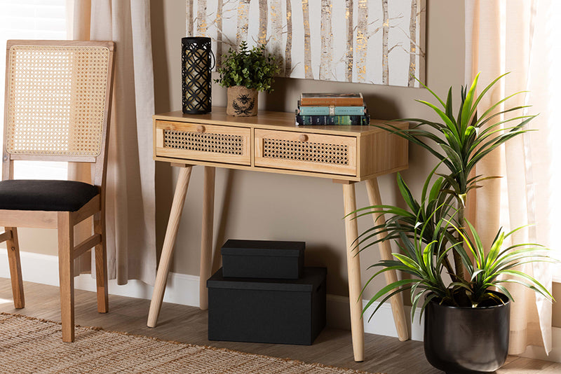 Ailith Mid-Century Modern Rattan and Natural Brown Finished Wood 2-Drawer Console Table