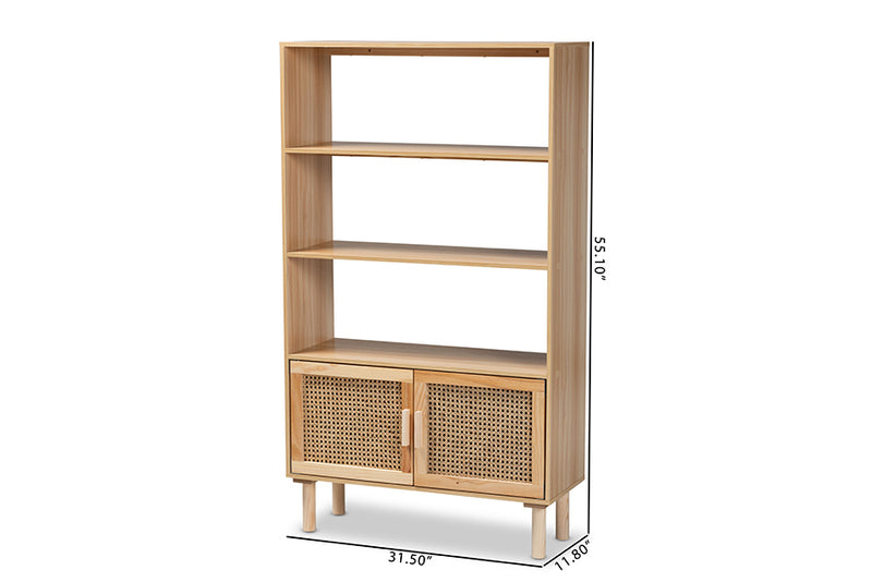 Divitia Mid-Century Modern Natural Brown Finished Wood and Rattan 2-Door Bookcase