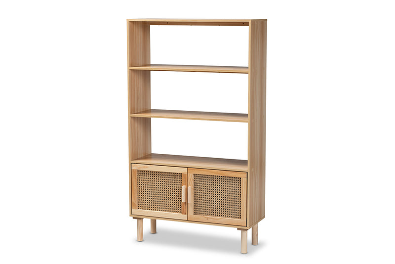 Divitia Mid-Century Modern Natural Brown Finished Wood and Rattan 2-Door Bookcase