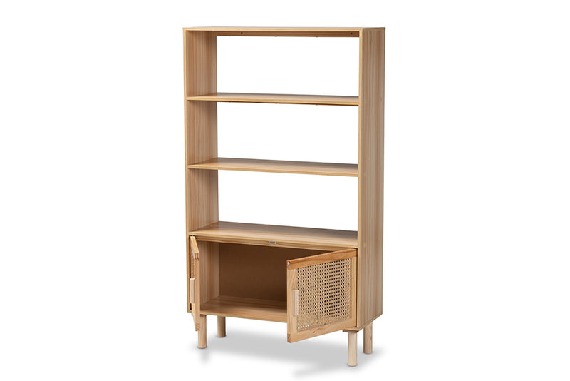 Divitia Mid-Century Modern Natural Brown Finished Wood and Rattan 2-Door Bookcase