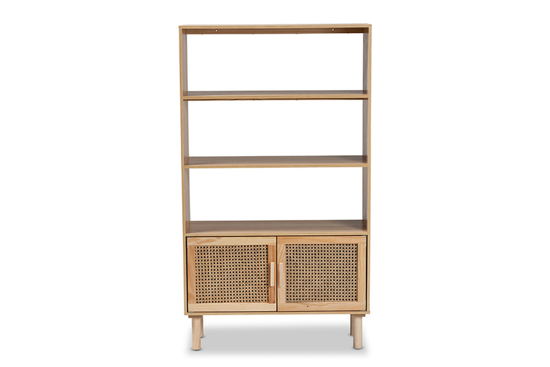 Divitia Mid-Century Modern Natural Brown Finished Wood and Rattan 2-Door Bookcase