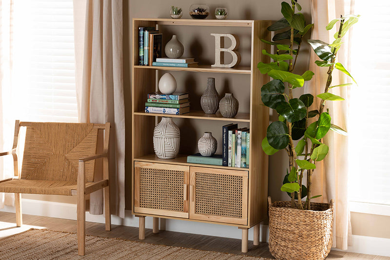 Divitia Mid-Century Modern Natural Brown Finished Wood and Rattan 2-Door Bookcase