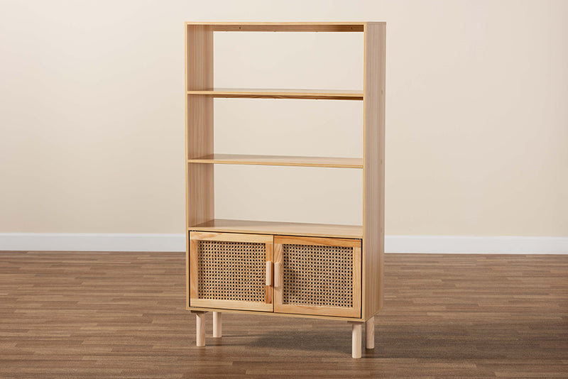 Divitia Mid-Century Modern Natural Brown Finished Wood and Rattan 2-Door Bookcase