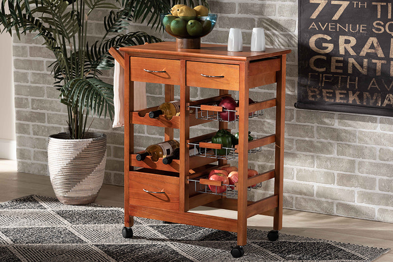 Monaco Modern and Contemporary Oak Brown Finished Wood and Silver-Tone Metal Mobile Kitchen Storage Cart