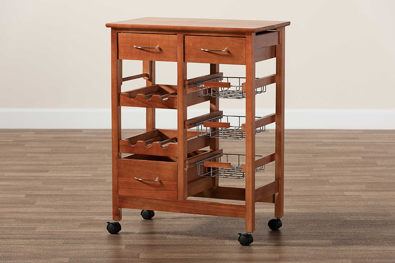 Monaco Modern and Contemporary Oak Brown Finished Wood and Silver-Tone Metal Mobile Kitchen Storage Cart