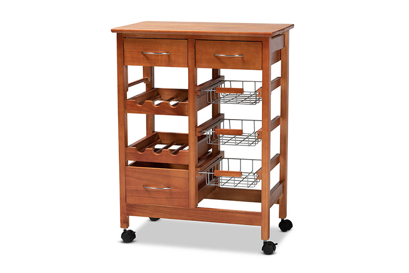 Monaco Modern and Contemporary Oak Brown Finished Wood and Silver-Tone Metal Mobile Kitchen Storage Cart