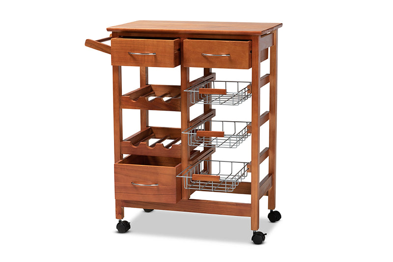 Monaco Modern and Contemporary Oak Brown Finished Wood and Silver-Tone Metal Mobile Kitchen Storage Cart