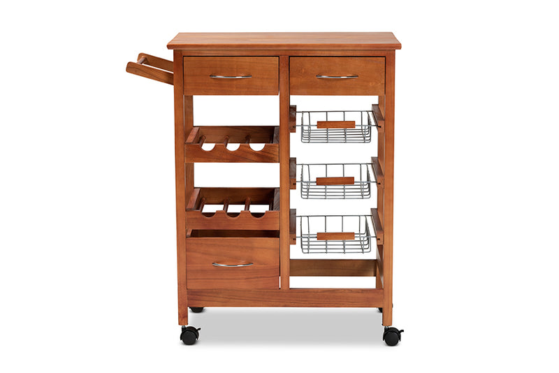 Monaco Modern and Contemporary Oak Brown Finished Wood and Silver-Tone Metal Mobile Kitchen Storage Cart