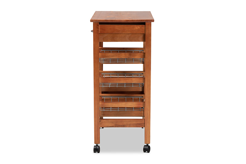 Monaco Modern and Contemporary Oak Brown Finished Wood and Silver-Tone Metal Mobile Kitchen Storage Cart