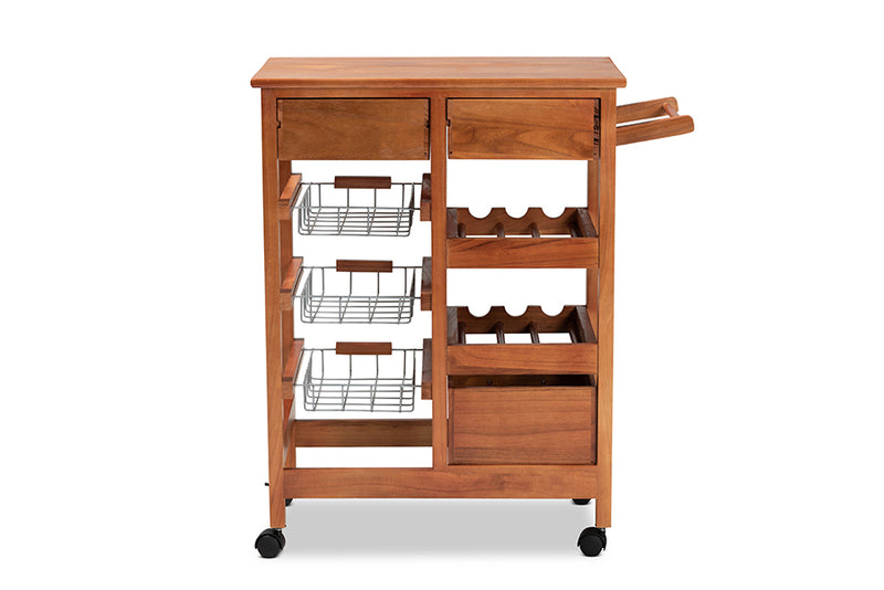 Monaco Modern and Contemporary Oak Brown Finished Wood and Silver-Tone Metal Mobile Kitchen Storage Cart