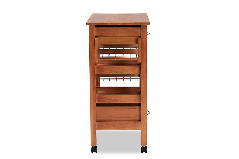 Monaco Modern and Contemporary Oak Brown Finished Wood and Silver-Tone Metal Mobile Kitchen Storage Cart