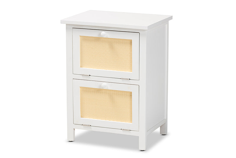 Marlena Mid-Century Modern White Finished Wood and Rattan 2-Door End Table