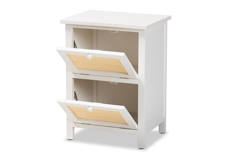 Marlena Mid-Century Modern White Finished Wood and Rattan 2-Door End Table