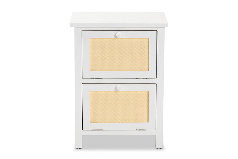 Marlena Mid-Century Modern White Finished Wood and Rattan 2-Door End Table