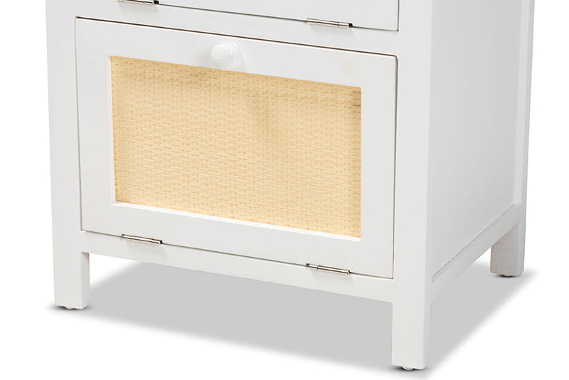 Marlena White and Rattan 2-Door End Table Baxton