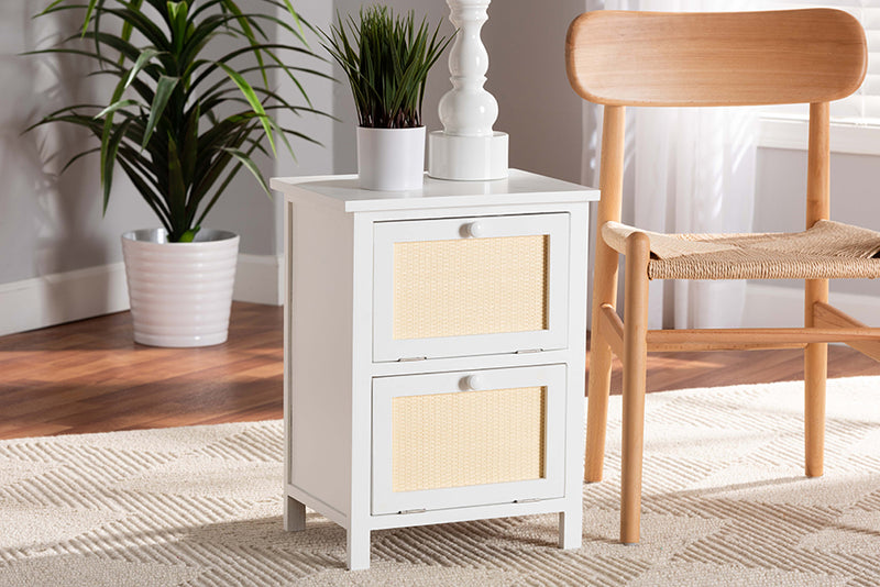 Marlena Mid-Century Modern White Finished Wood and Rattan 2-Door End Table