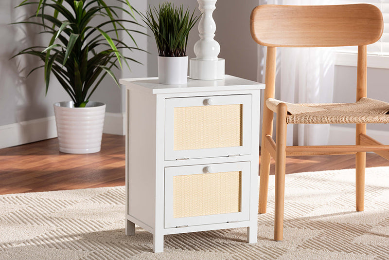 Marlena White and Rattan 2-Door End Table Baxton