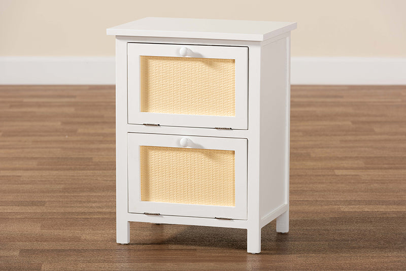 Marlena Mid-Century Modern White Finished Wood and Rattan 2-Door End Table