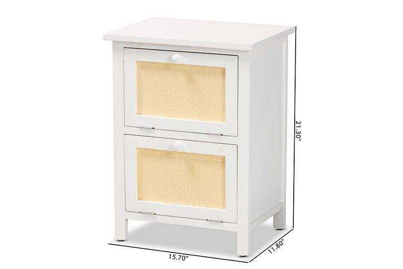 Marlena Mid-Century Modern White Finished Wood and Rattan 2-Door End Table