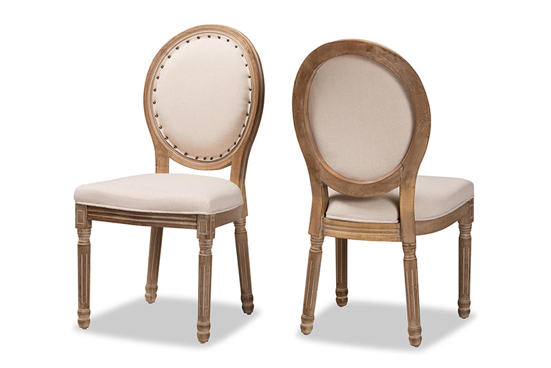 Ornella Traditional French Inspired Beige Fabric Upholstered and Antique Brown Finished Wood 2-Piece Dining Chair Set