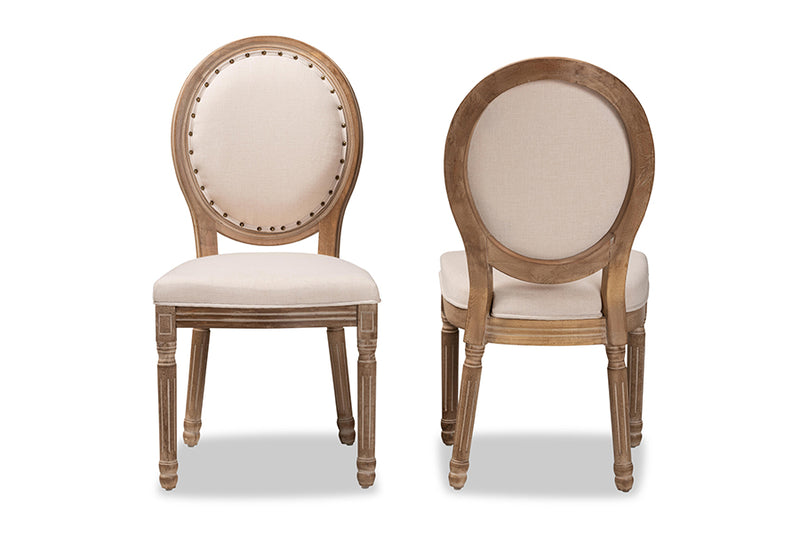 Ornella Traditional French Inspired Beige Fabric Upholstered and Antique Brown Finished Wood 2-Piece Dining Chair Set