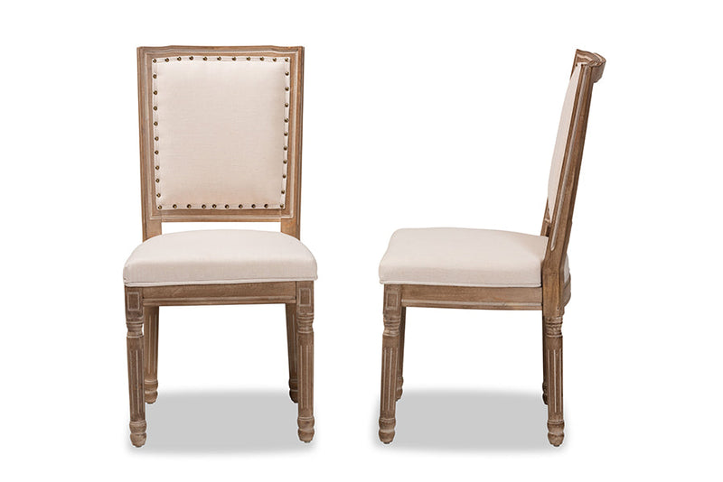 Oxley Inspired Beige Fabric Antique Brown 2Pc Dining Chair Set Baxton
