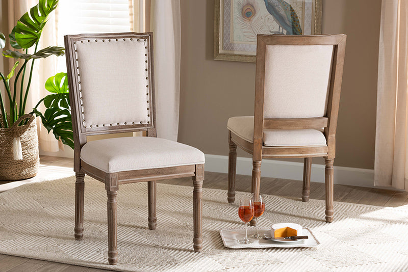 Oxley Traditional French Inspired Beige Fabric Upholstered and Antique Brown Finished Wood 2-Piece Dining Chair Set