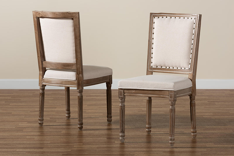 Oxley Traditional French Inspired Beige Fabric Upholstered and Antique Brown Finished Wood 2-Piece Dining Chair Set