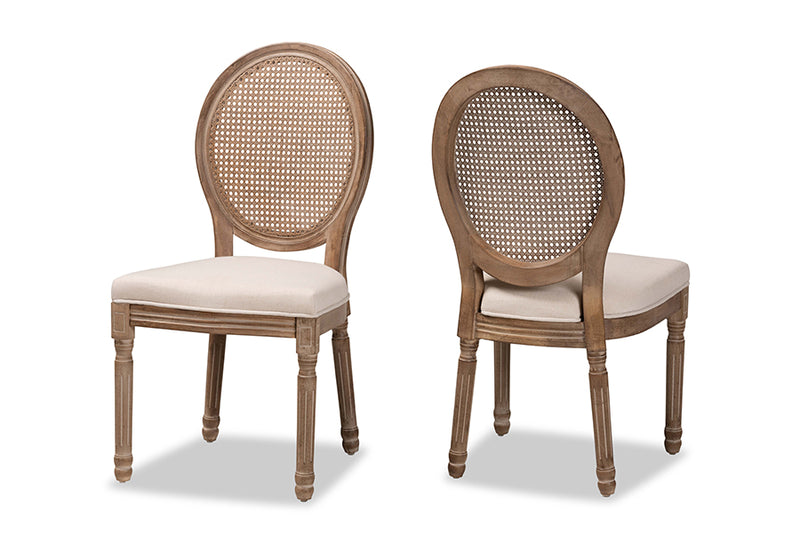 Ornella Traditional French Inspired Beige Fabric Upholstered and Antique Brown Finished Wood 2-Piece Dining Chair Set w/Rattan