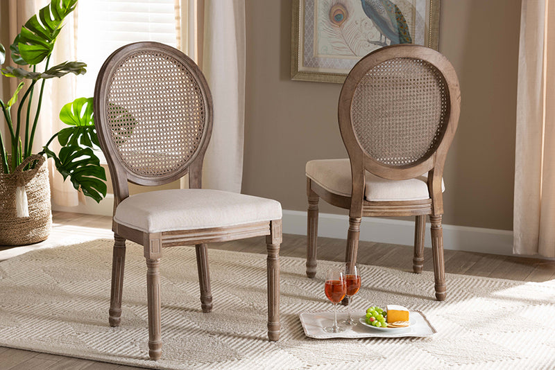 Ornella Traditional French Inspired Beige Fabric Upholstered and Antique Brown Finished Wood 2-Piece Dining Chair Set w/Rattan