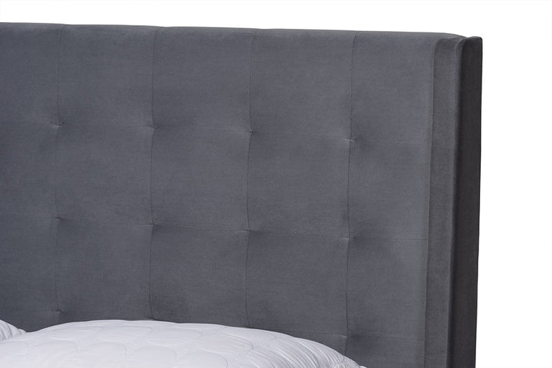 Eliana Gray Velvet Fabric Dark Brown Queen Size Platform Bed Baxton