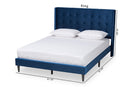 Eliana Navy Blue Velvet Fabric Dark Brown Queen Size Platform Bed Baxton