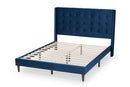 Eliana Navy Blue Velvet Fabric Dark Brown Queen Size Platform Bed Baxton