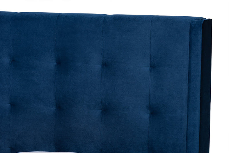 Eliana Navy Blue Velvet Fabric Dark Brown Queen Size Platform Bed Baxton