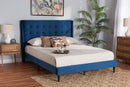 Eliana Navy Blue Velvet Fabric Dark Brown Queen Size Platform Bed Baxton