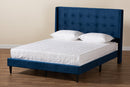 Eliana Navy Blue Velvet Fabric Dark Brown Queen Size Platform Bed Baxton