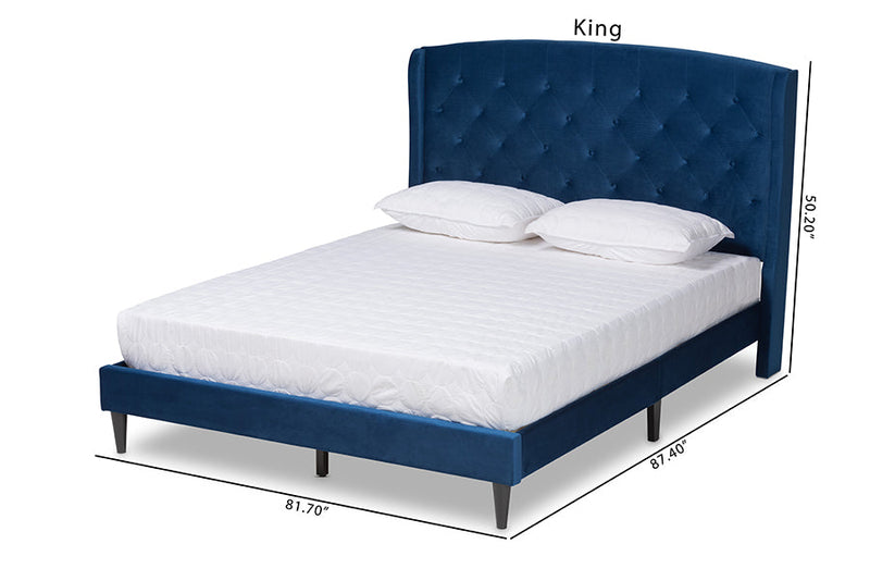 Klara Navy Blue Velvet Fabric Dark Brown Queen Size Platform Bed Baxton