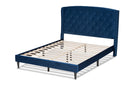Klara Navy Blue Velvet Fabric Dark Brown Queen Size Platform Bed Baxton