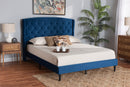 Klara Navy Blue Velvet Fabric Dark Brown Queen Size Platform Bed Baxton
