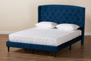 Klara Navy Blue Velvet Fabric Dark Brown Queen Size Platform Bed Baxton