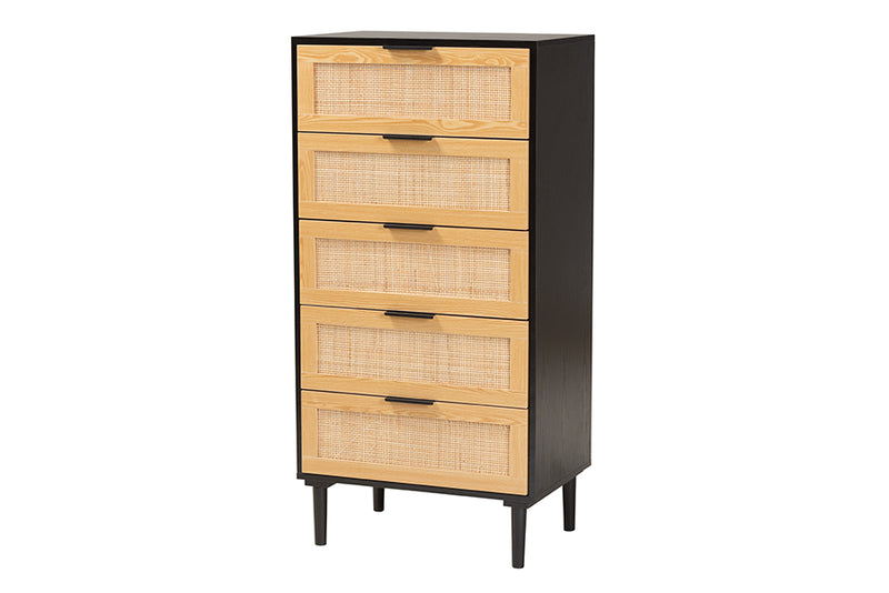 Jaeger Mid-Century Modern Espresso Brown Wood and Rattan 5-Drawer Storage Cabinet