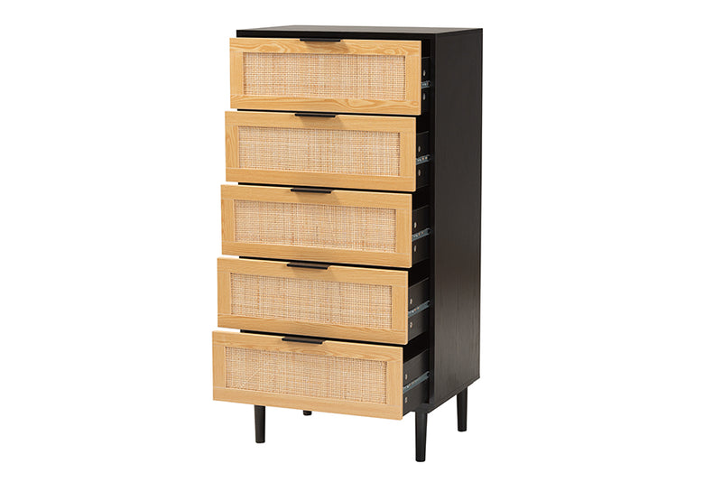 Jaeger Mid-Century Modern Espresso Brown Wood and Rattan 5-Drawer Storage Cabinet